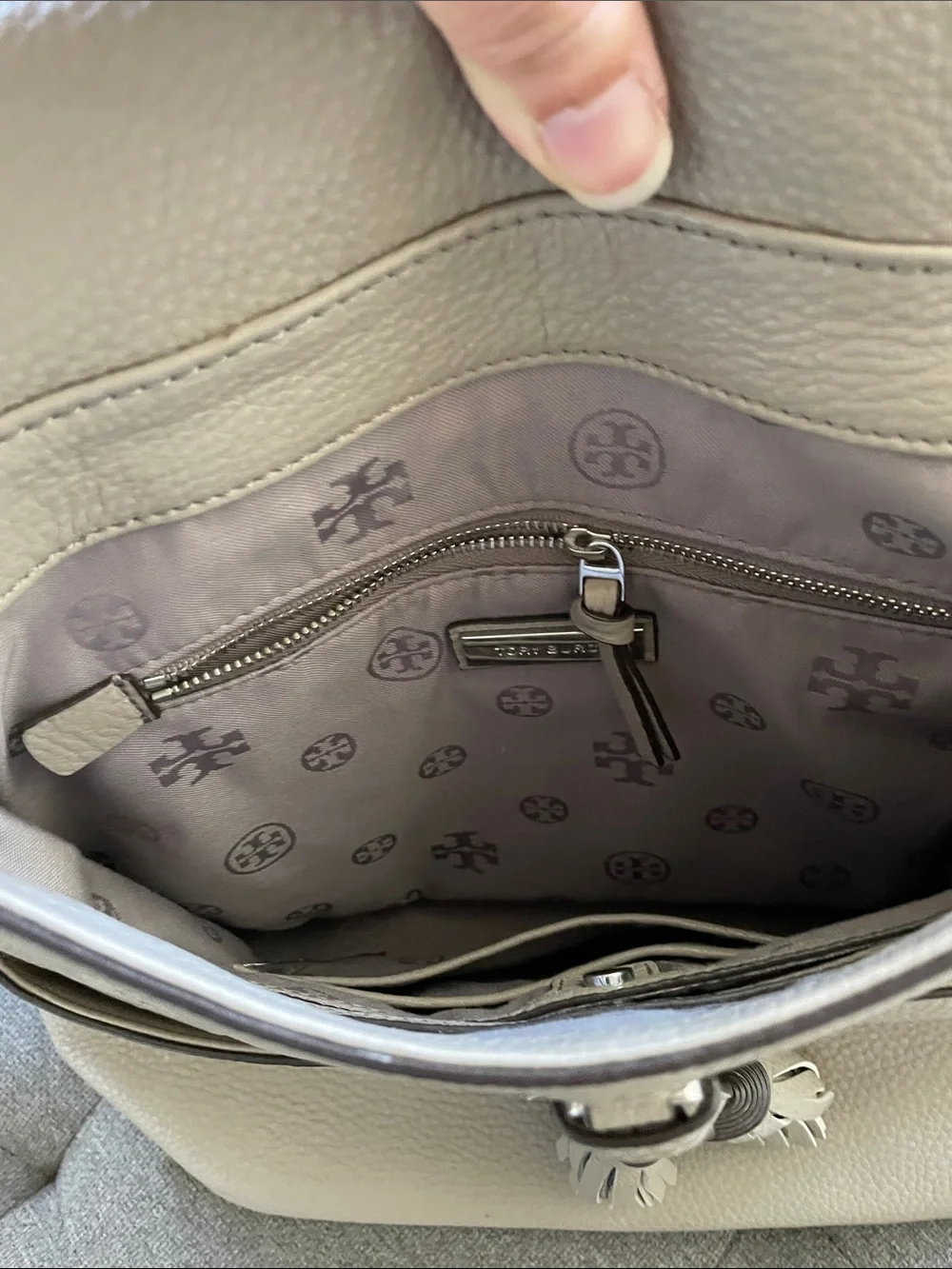 Tory Burch Pebbled Leather Tassel Backpack in Taupe Beige VG Cond